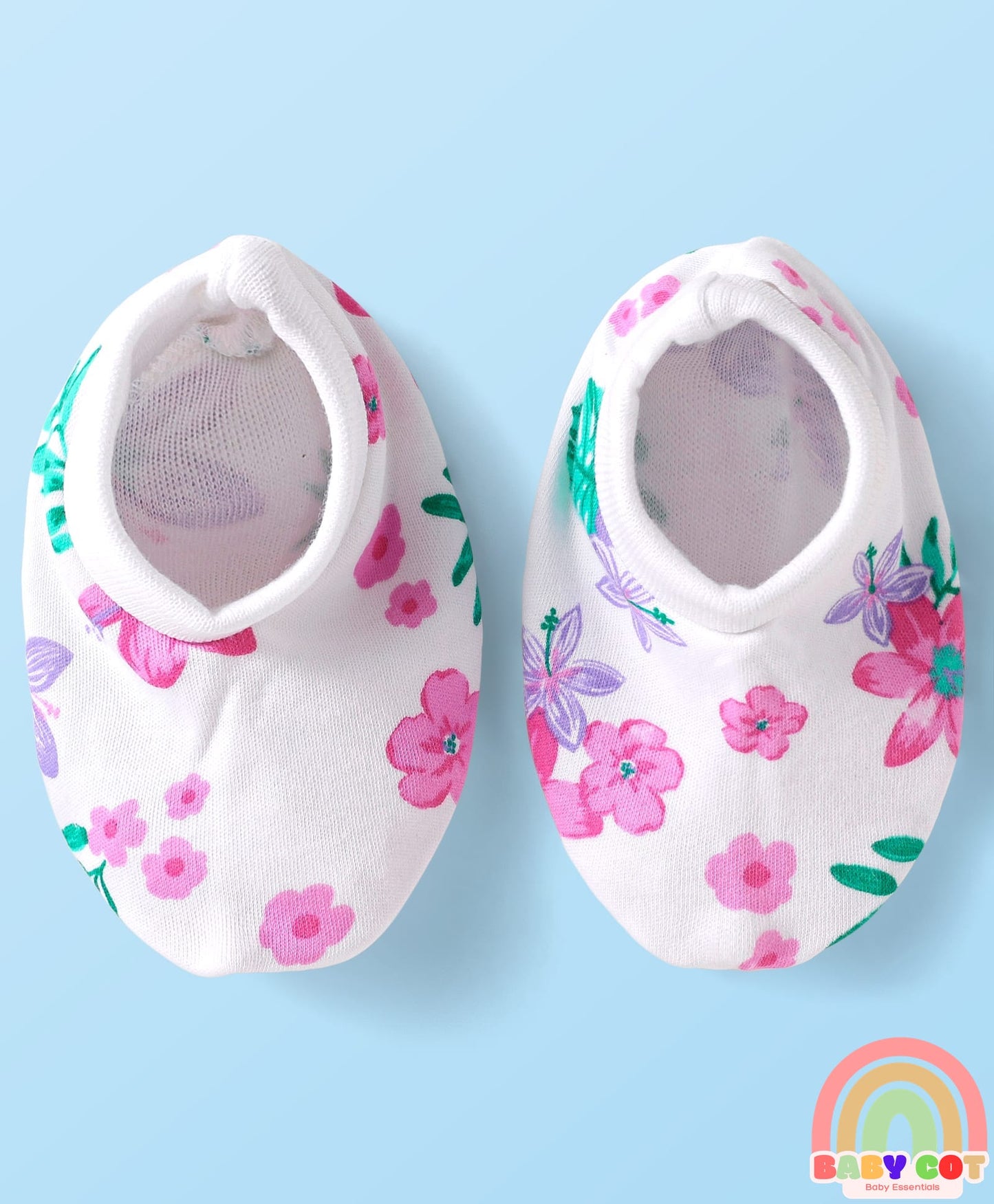 100% Cotton Knit Half Sleeves Floral Printed Onesie with Hairband & Mittens Booties - White