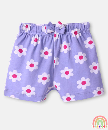 Cotton Knit Mid Thigh Length Shorts with Floral & Smiley Print & Bow Applique Pack of 3 - White Green & Lavender