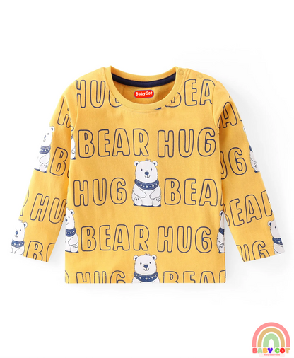 Cotton Knit Full Sleeves Striped Text & Bear Printed T-Shirts Pack of 3 - Red Yellow & Navy Blue