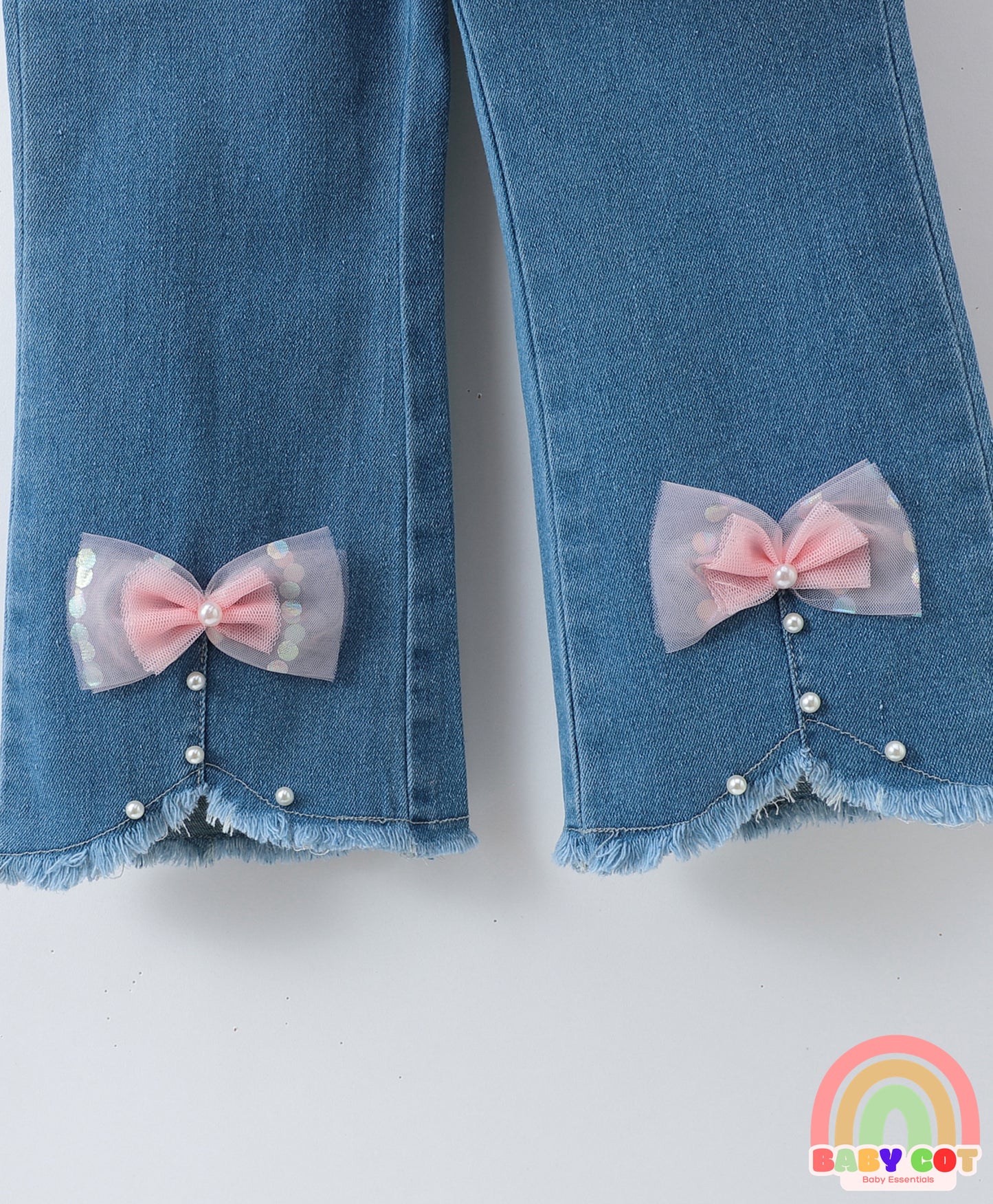 Full Length Washed Bootcut Denim Jeans with Bow Applique - Blue