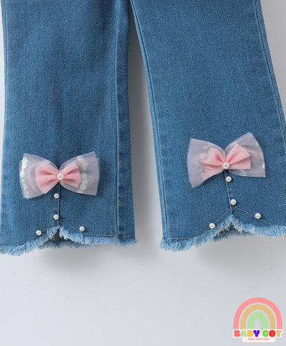 Full Length Washed Bootcut Denim Jeans with Bow Applique - Blue