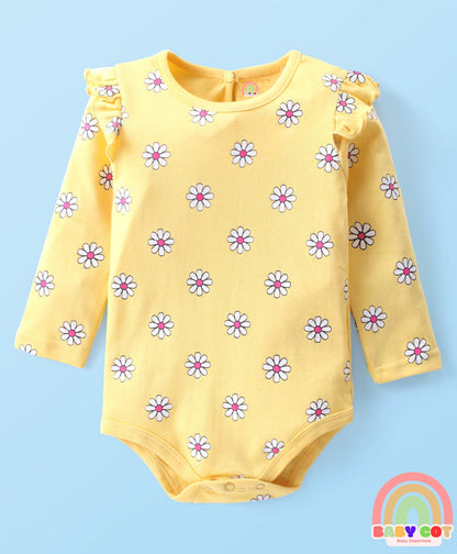 100% Cotton Full Sleeves Onesies with Frill Detailing Floral & Text Print Pack of 3 - Multicolour