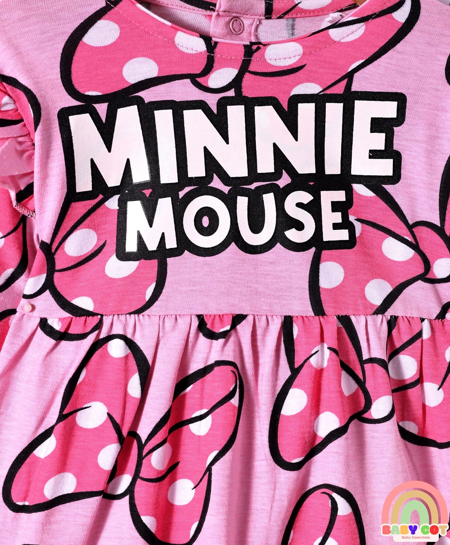 Single Jersey Knit Full Sleeves Frocks With Minnie Mouse Graphics & Frill Detailing Pack of 2 - Pink & Navy Blue