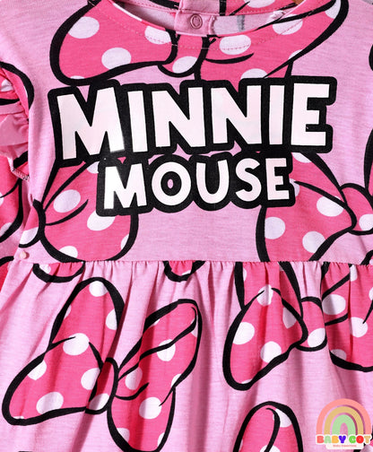 Single Jersey Knit Full Sleeves Frocks With Minnie Mouse Graphics & Frill Detailing Pack of 2 - Pink & Navy Blue
