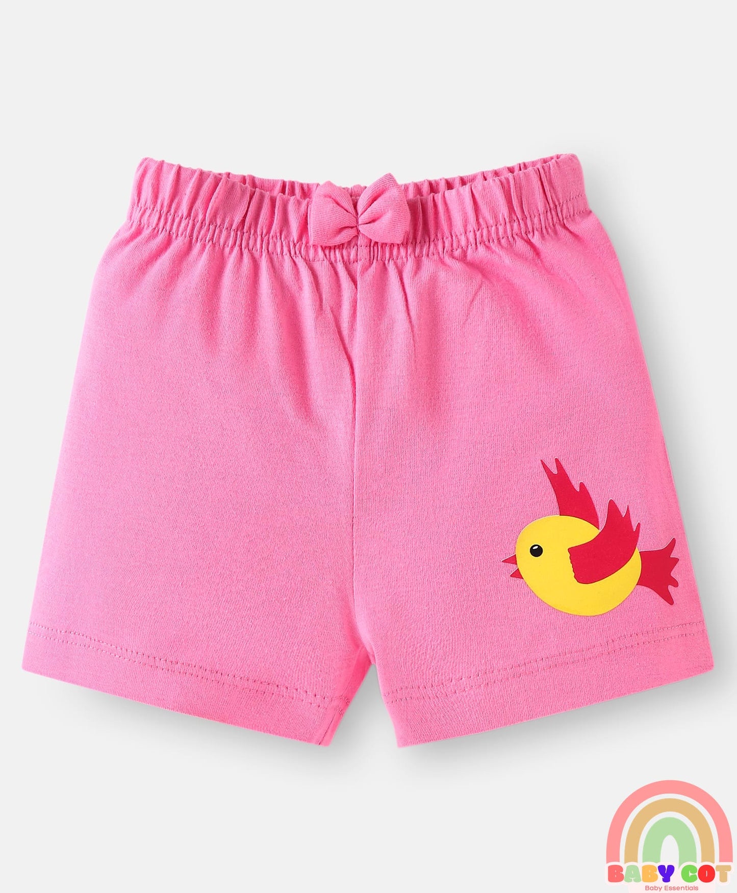 Single Jersey Knit Mid Thigh Shorts with Polka Dots & Bird Print with Bow Applique Pack of 3 - Pink Beige & Dark Pink