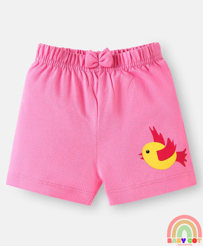 Single Jersey Knit Mid Thigh Shorts with Polka Dots & Bird Print with Bow Applique Pack of 3 - Pink Beige & Dark Pink