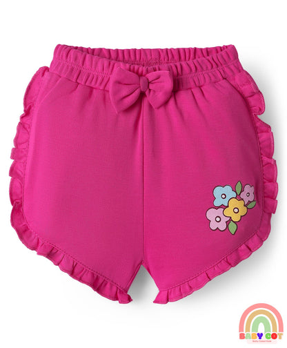 100% Cotton Interlock Knit Shorts with Eco Jiva Finish Floral Print & Bow Applique Pack of 3 - Dark Pink Yellow & Lavender