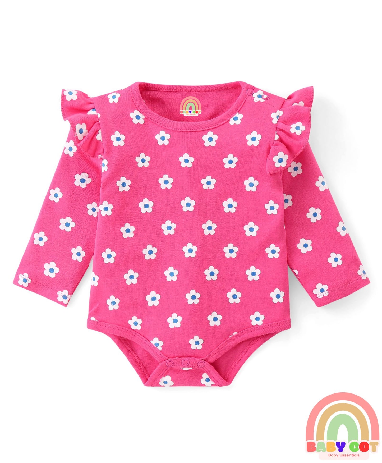 100% Cotton Knit Full Sleeves Onesies with Polka Dots Floral Print & Frill Detailing Pack of 3 - Yellow Pink & White