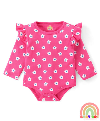 100% Cotton Knit Full Sleeves Onesies with Polka Dots Floral Print & Frill Detailing Pack of 3 - Yellow Pink & White