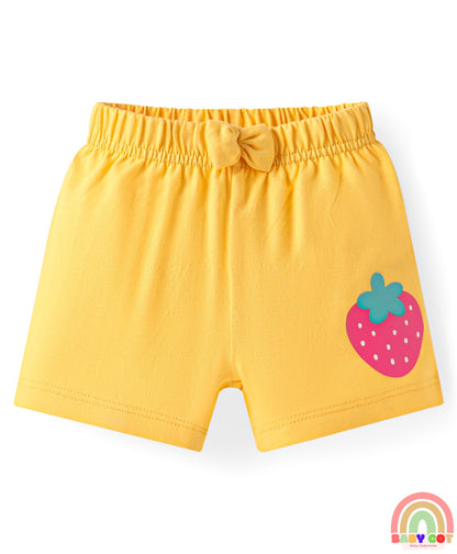 Cotton Knit Mid Thigh Strawberry & Floral Printed Shorts with Bow Applique Pack of 3 - Pink & Yellow