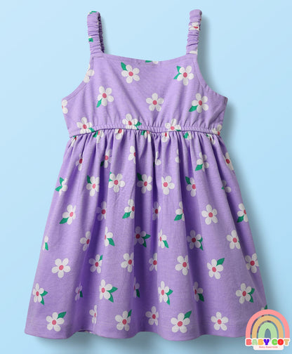 Cotton Knit Half Sleeves T-Shirt & Frock With Floral Print & Bow Applique - Purple