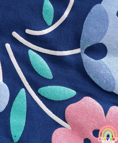 Single Jersey Knit Full Peasant Sleeves Top & Leggings with Floral Print - Navy Blue & White