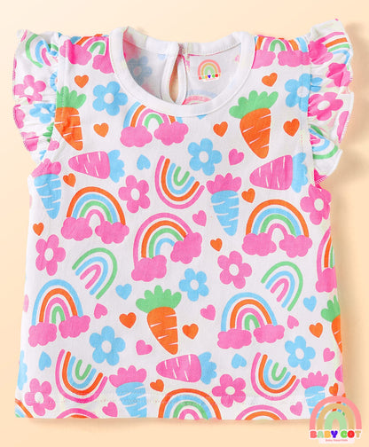 Cotton Knit Frill Sleeves T-Shirts With Polka Dot & Tropical Print Pack 3 - Pink & Light Blue