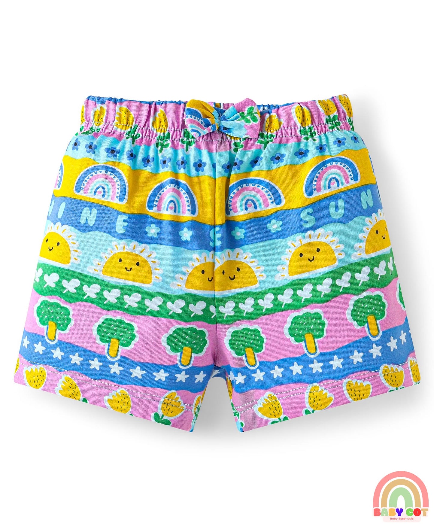 Cotton Single Jersey Knit Mid Thigh Polka Dots & Tropical Theme Printed Shorts with Bow Applique Pack of 3 - Pink Yellow & Blue