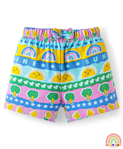 Cotton Single Jersey Knit Mid Thigh Polka Dots & Tropical Theme Printed Shorts with Bow Applique Pack of 3 - Pink Yellow & Blue