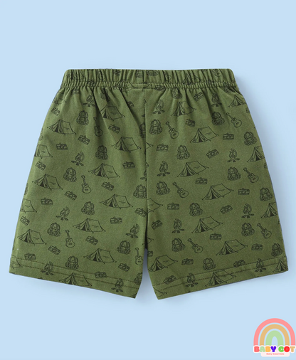 Cotton Knit Striped and Bear Printed Shorts Pack of 3 - Green White and Brown