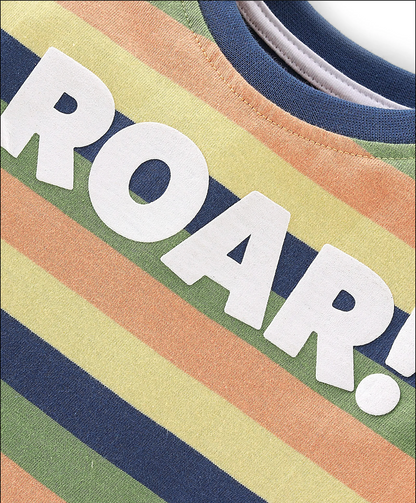 100% Cotton Knit Full Sleeves T-Shirt & Lounge Pants With Text Print & Striped - Blue & Green