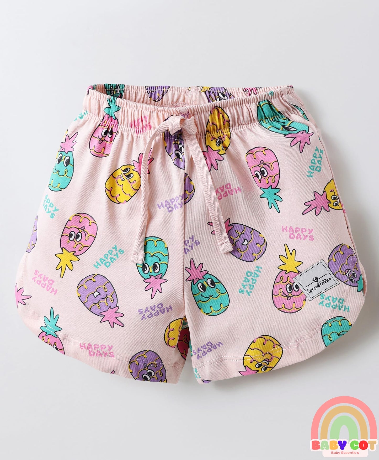 Sinker Knit Above Knee Length Shorts With Bow & Beach Theme Print Pack Of 3 - Purple Pink & Light Yellow
