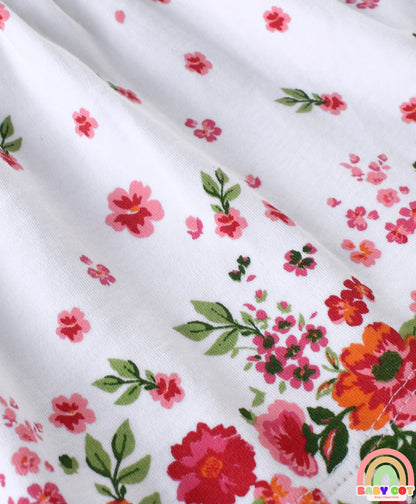 100% Cotton With Eco Jiva Finish Knit Full Sleeves Floral Printed Top & Leggings Set With - Red & White
