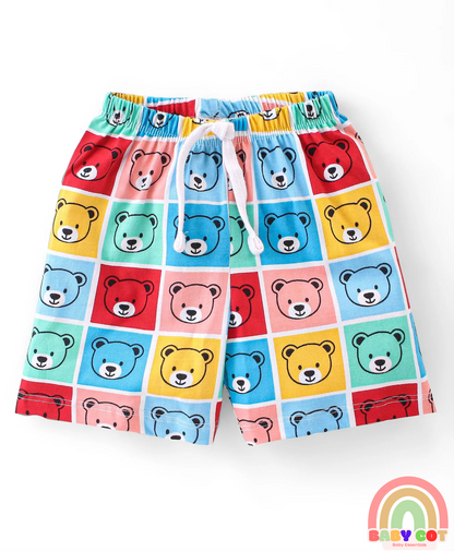 Cotton Knit Single Jersey Shorts With Stars & Teddy Bear Print Pack Of 3 - Yellow Blue & Red