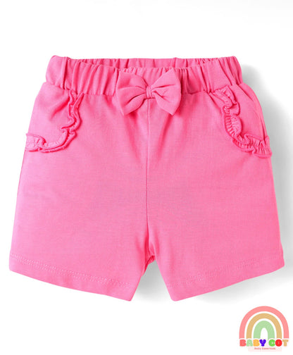 Cotton Knit Mid Thigh Lenght Shorts with Floral Print & Bow Applique Pack of 3 - Blue White & Dark Pink