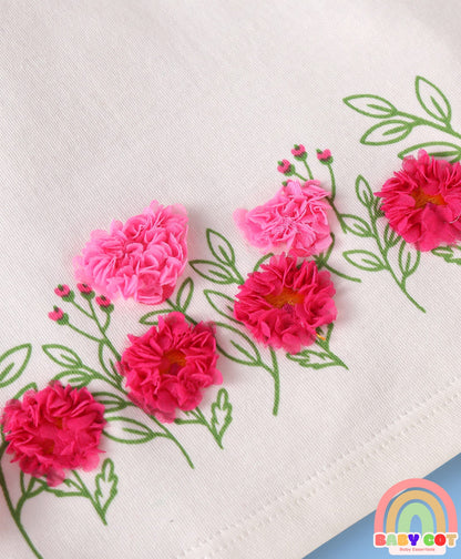100% Cotton Solid Dyed Full Sleeves Top & Legging Set with Floral Applique & Frill Detailing- White & Pink
