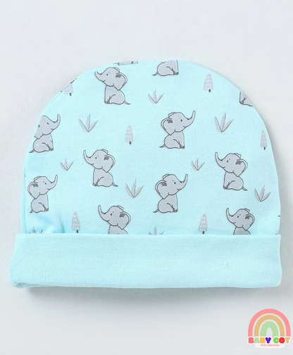 100% Cotton Cap Mittens And Booties Elephant Print - Blue