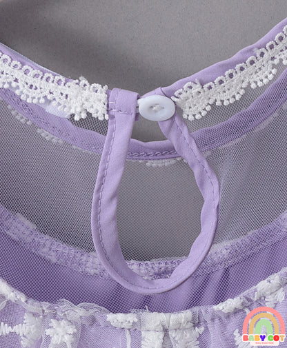 Sleeveless Mesh Frock with Floral Corsage - Purple