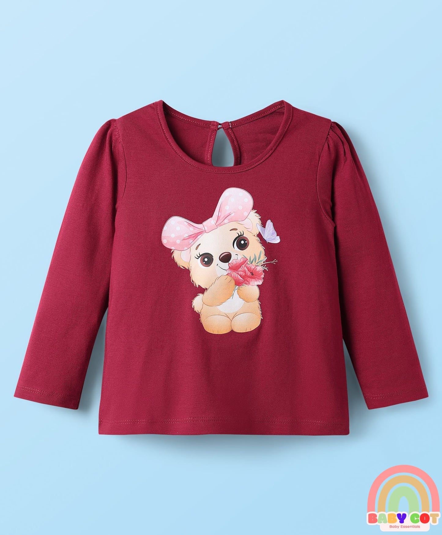 Cotton Knit Full Sleeves T-Shirts With Bear & Polka Dot Print Pack of 3 - Pink & Maroon