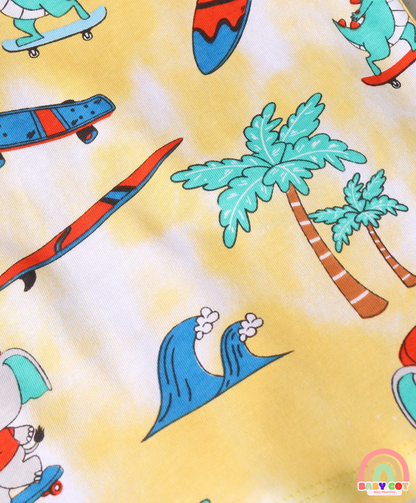 Single Jersey Knit Half Sleeves T-Shirt & Shorts Set With Beach Theme Print - Yellow & Blue