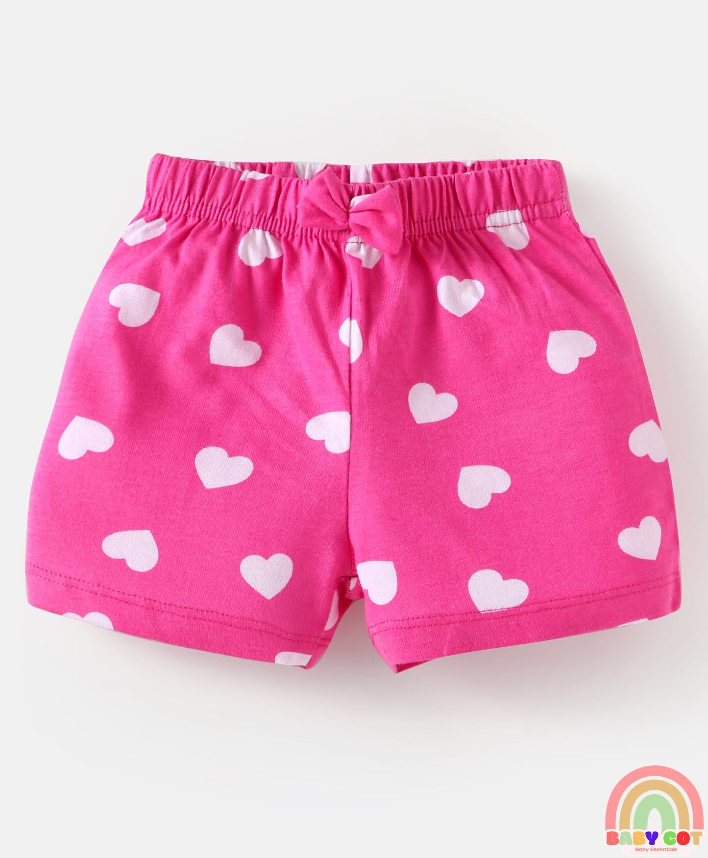 Cotton Knit Mid Thigh Shorts with Floral & Heart Print with Bow Applique Pack of 3 - Pink & Light Blue