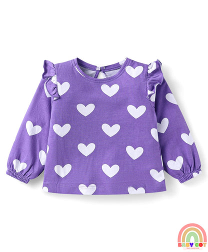 Cotton Knit Full Sleeves T-Shirts With Heart & Butterfly Print Pack Of 3 - Pink & Purple