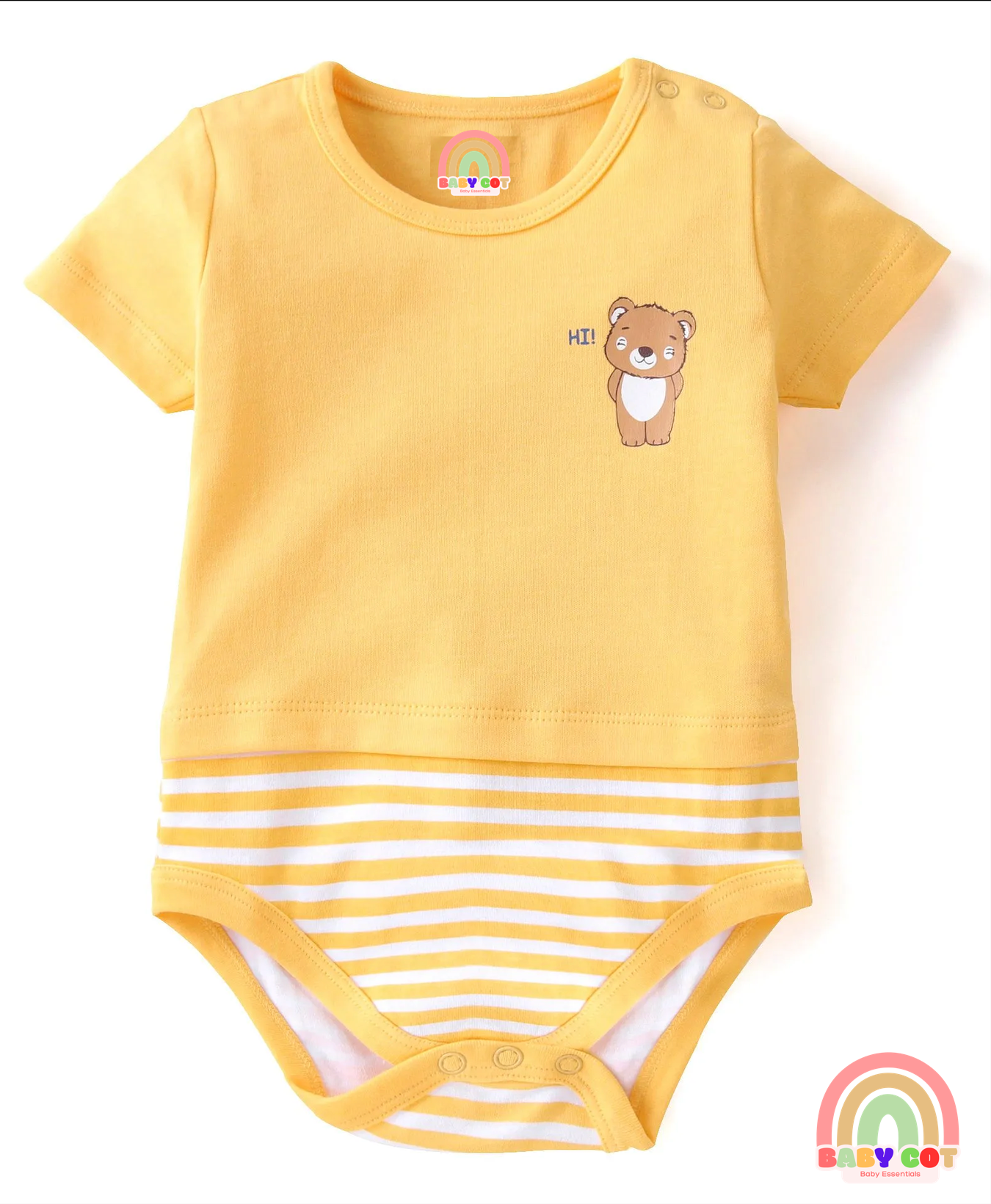 100% Cotton Knit Half Sleeves Onesies Stripes & Bear Print Pack Of 5 - Blue Yellow & White