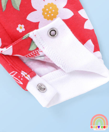 100% Cotton Knit Full Sleeves Floral Printed Romper with Hairband & Frill Detailing - Red