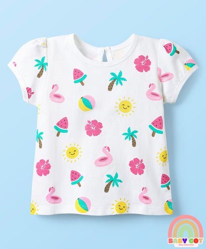 Cotton Knit Half Sleeves T-Shirts With Tropical Print Pack Of 3 -Yellow & Pink