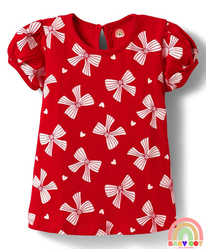Cotton Knit Half Puffed Sleeves T-Shirts with Bow & Heart Print Pack of 3 - Red White & Navy Blue