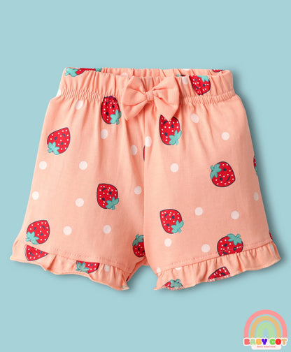 Knee Length Shorts With Checks Strawberry Print & Bow Applique Pack Of 3 - Pink White & Peach
