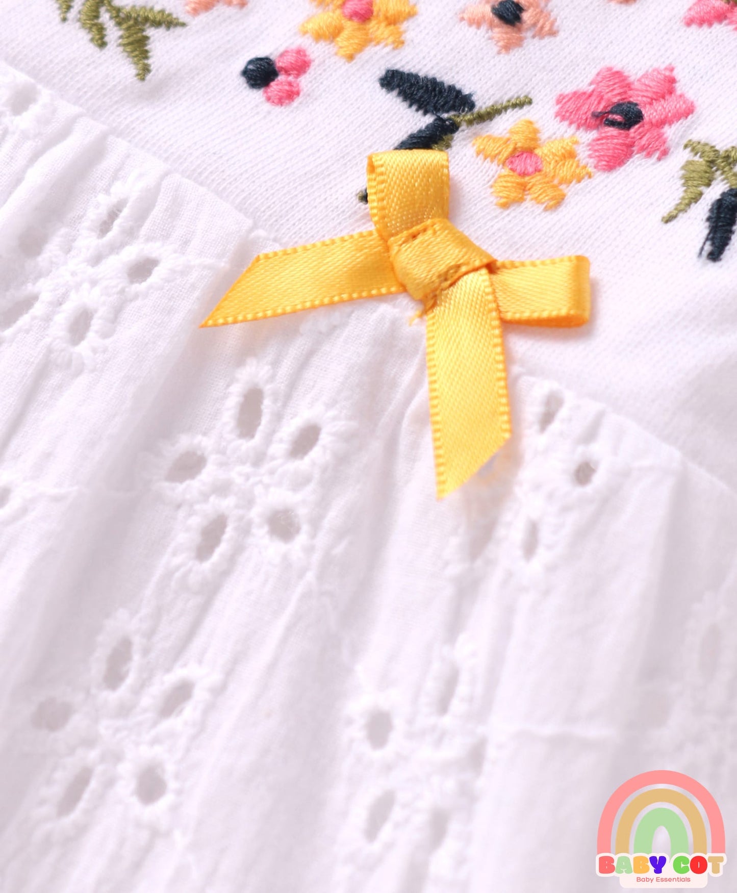 Single Jersey Knit Full Sleeves Top & Leggings with Floral Embroidery - White & Yellow