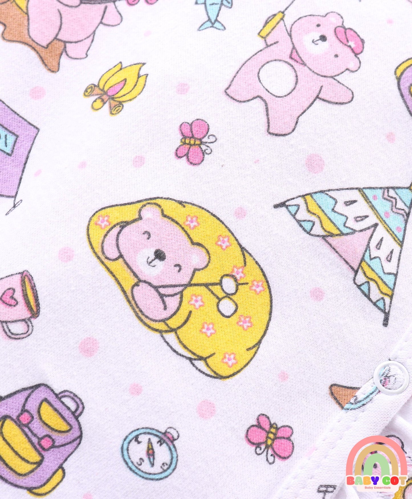 100% Cotton Knit Full Sleeves Rompers with Polka Dots & Bear Print Pack of 2 - Pink & White