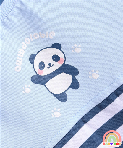 Sinker Knit Half Sleeves T-Shirt & Shorts Set With Panda Print - Light Blue