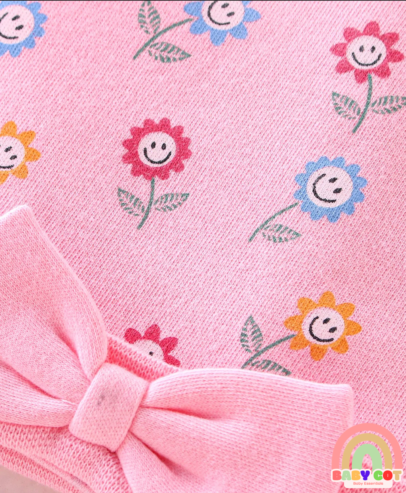 100% Cotton Knit Cap Mittens & Booties Set with Floral Print - Pink