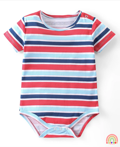 100% Cotton Knit Half Sleeves Striped & Bear Printed Onesies Pack of 3 - Multicolour