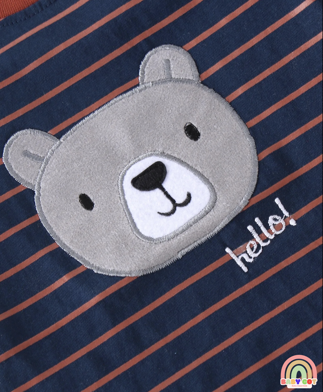 100% Cotton Half Sleeves Striped T-Shirt and Shorts Set Teddy Patch - Navy Blue