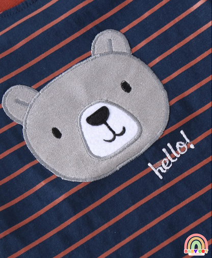 100% Cotton Half Sleeves Striped T-Shirt and Shorts Set Teddy Patch - Navy Blue