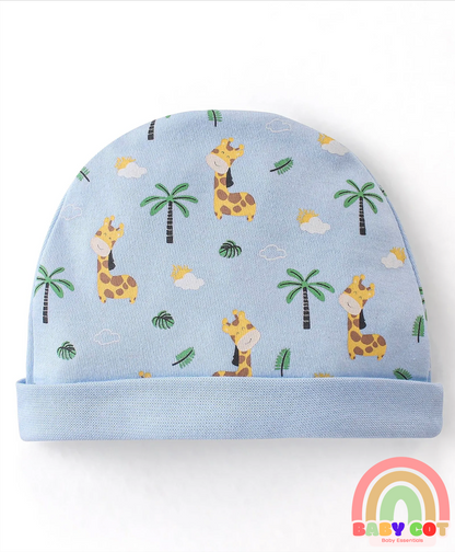 100% Cotton Cap Mittens & Booties Set Giraffe Print - Blue