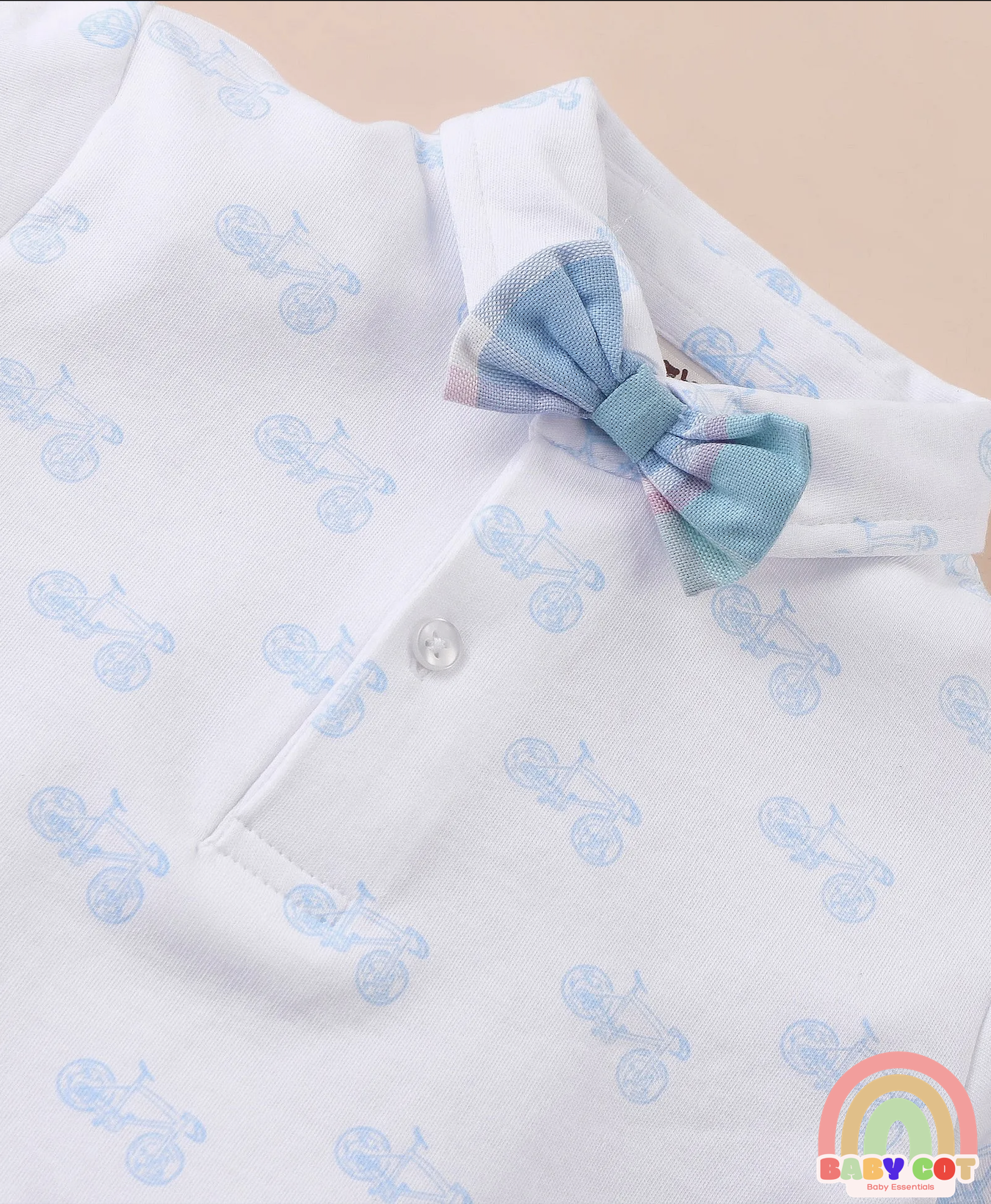 100% Cotton Knit Half Sleeves Printed Polo T-Shirt & Woven Cotton Checkered Shorts With Bow & Suspender - White & Blue