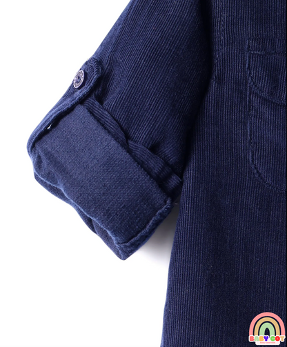 Cotton Woven Full Sleeves Solid Corduroy Shirt with Text Embroidered - Navy Blue