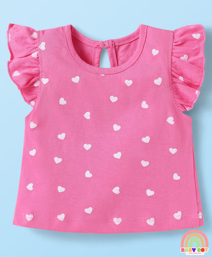 Cotton Knit Frill Sleeves T-Shirts With Floral & Heart Print Pack Of 3 - Orange & Dark Pink