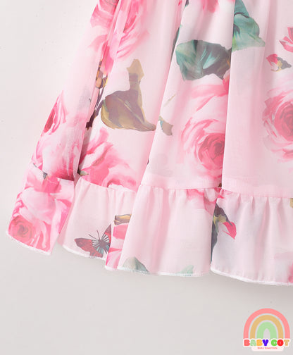 Cold Shoulder Sleeves Frock with Floral Print & Frill Detailing - Pink