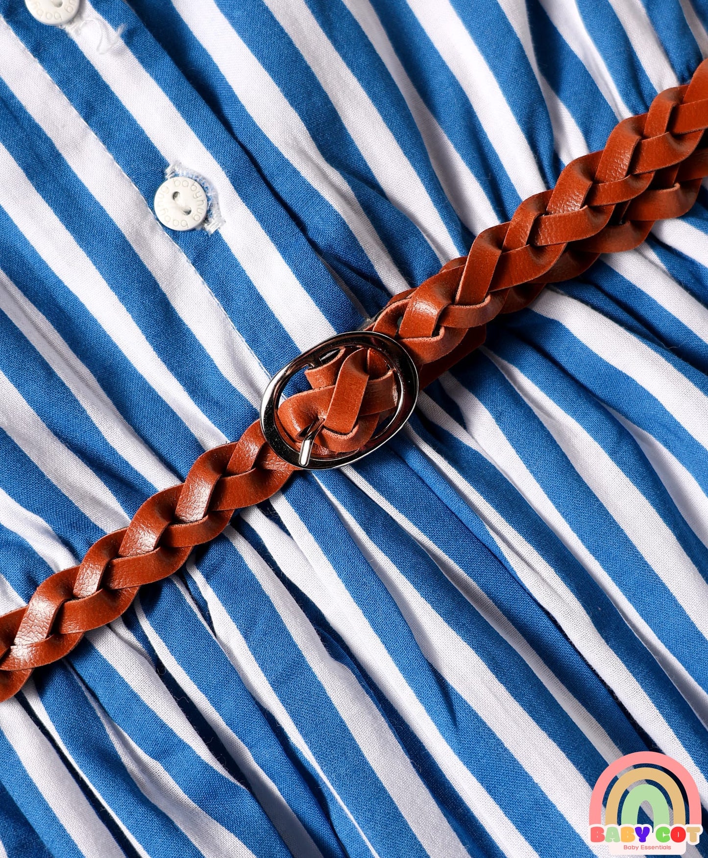 Single Jersey Knit Collar Neck Sleeveless Striped Frock With Bloomers & Belt - Blue